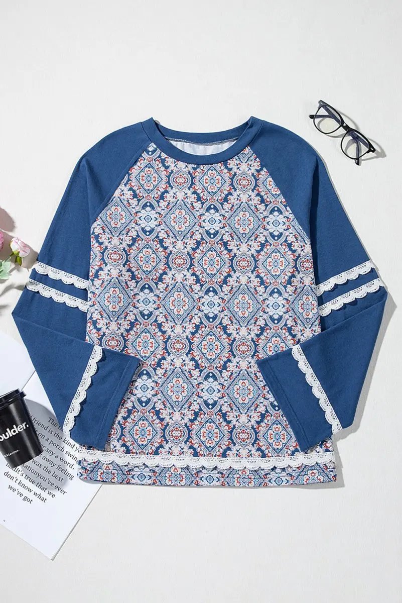 Blue Geometric Printed Lace Patchwork Ric Rac Raglan Top - Love Salve